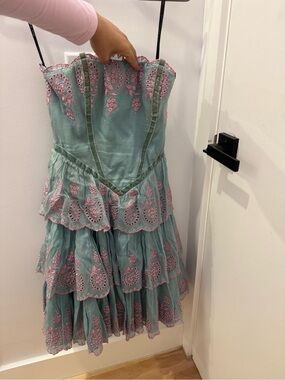 Vintage Y2K Betsey Johnson Evening Corset Cupcake Dress Aqua Pink Embroidered
